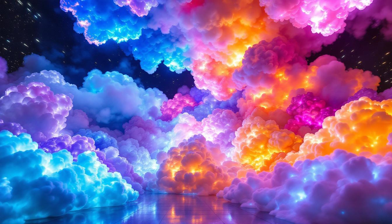 A photograph of capture a photograph of a vibrant led display showcasing a dynamic cloud-themed light installation