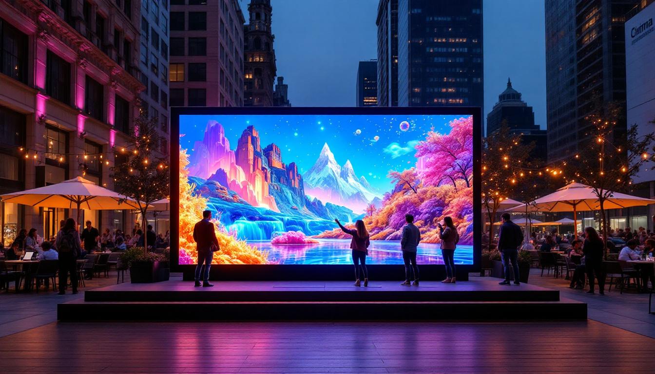 A photograph of a vibrant outdoor setting featuring a large led touch screen display