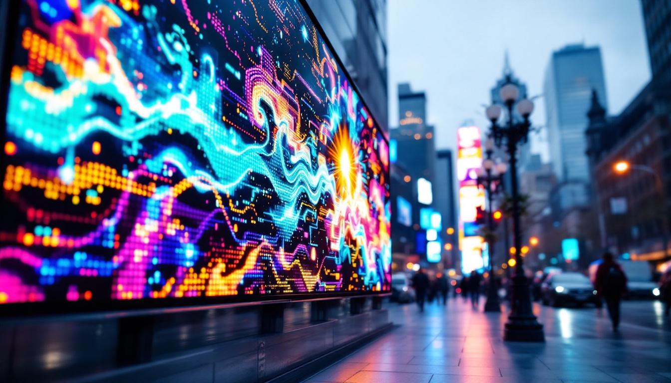 A photograph of a vibrant led display in an urban setting