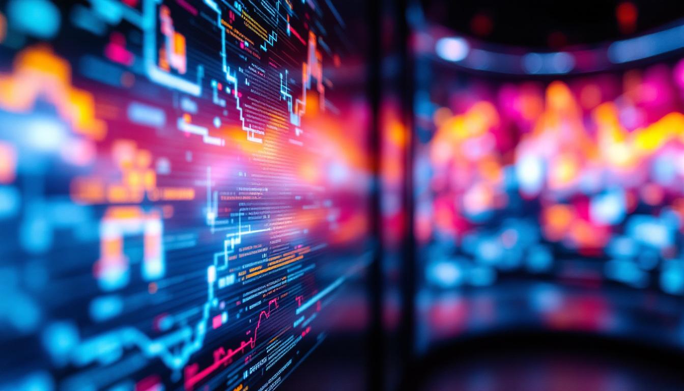 A photograph of a close-up of a vibrant led display panel showcasing a dynamic image or animation