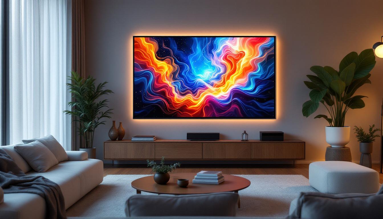 A photograph of a stylish living room featuring a vibrant led display showcasing dynamic digital art
