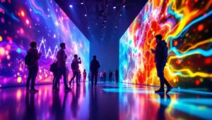 A photograph of a vibrant led display in a dynamic setting