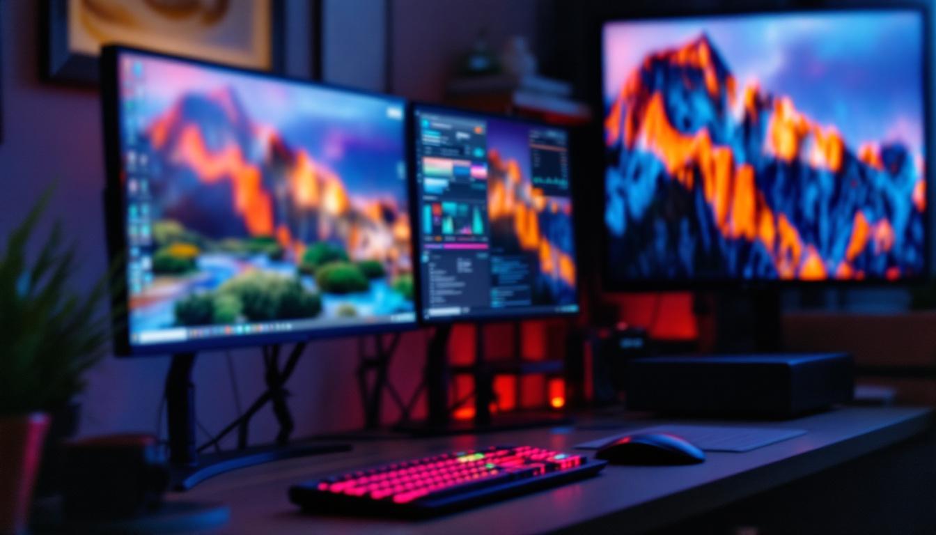 A photograph of capture a photograph of a well-organized workspace featuring multiple led monitors displaying vibrant images and graphics