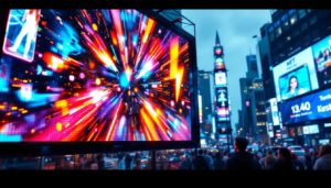 A photograph of a vibrant led display in a bustling urban environment
