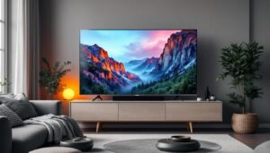 A photograph of a modern living room setup featuring a large led tv prominently displayed on a stylish entertainment unit