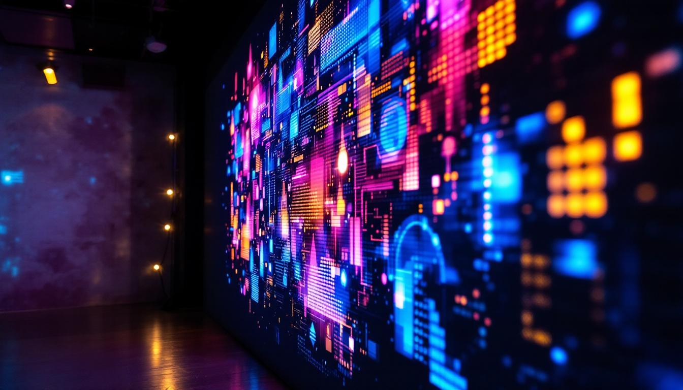 A photograph of a vibrant led display projecting dynamic visuals onto a textured wall
