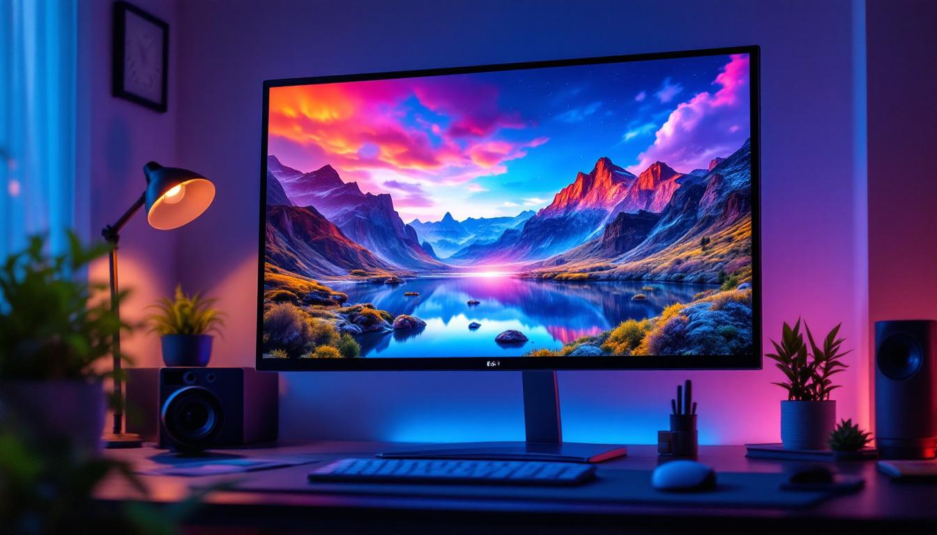 A photograph of a sleek 36-inch led monitor displaying vibrant