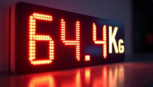 A photograph of a digital led display showing the conversion of 64.4 kilograms to pounds