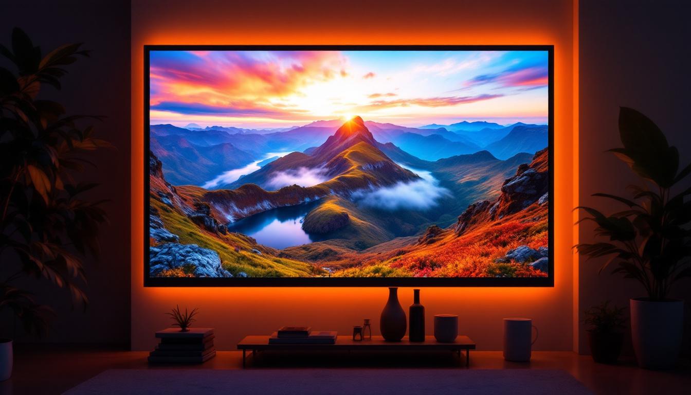 A photograph of a vibrant led photo display showcasing a stunning landscape or portrait image