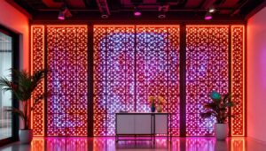 A photograph of a modern interior featuring lattice wall panels integrated with vibrant led displays