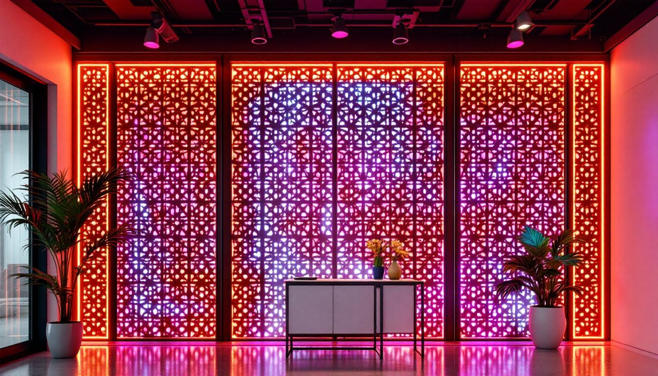 A photograph of a modern interior featuring lattice wall panels integrated with vibrant led displays