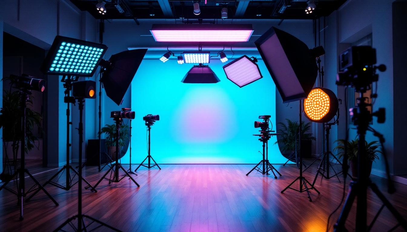 A photograph of a well-lit video studio setup featuring various led lights in action