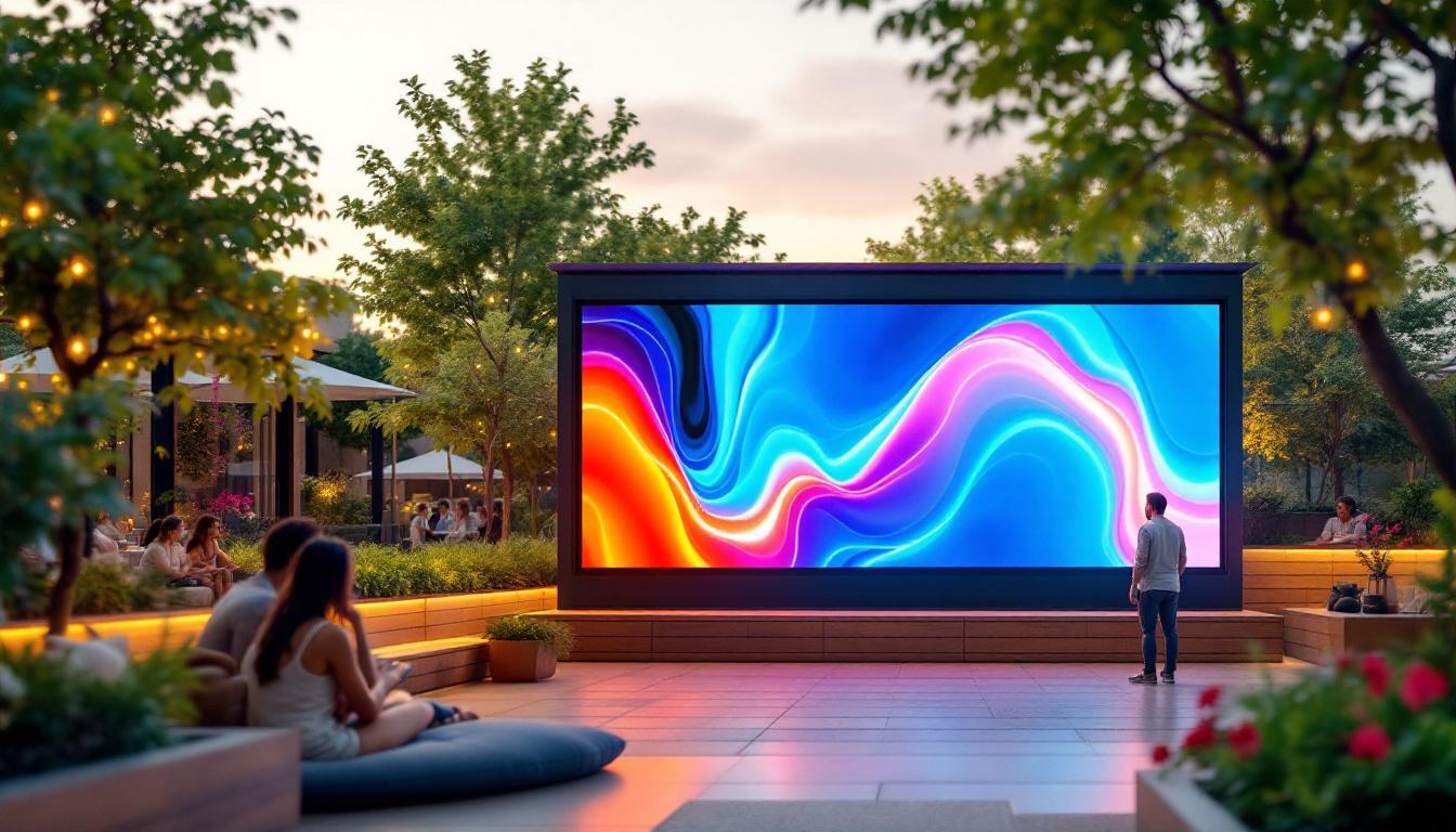 A photograph of a large outdoor privacy screen integrated with an led display