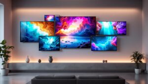 A photograph of a sleek multi-tv wall setup featuring multiple led displays
