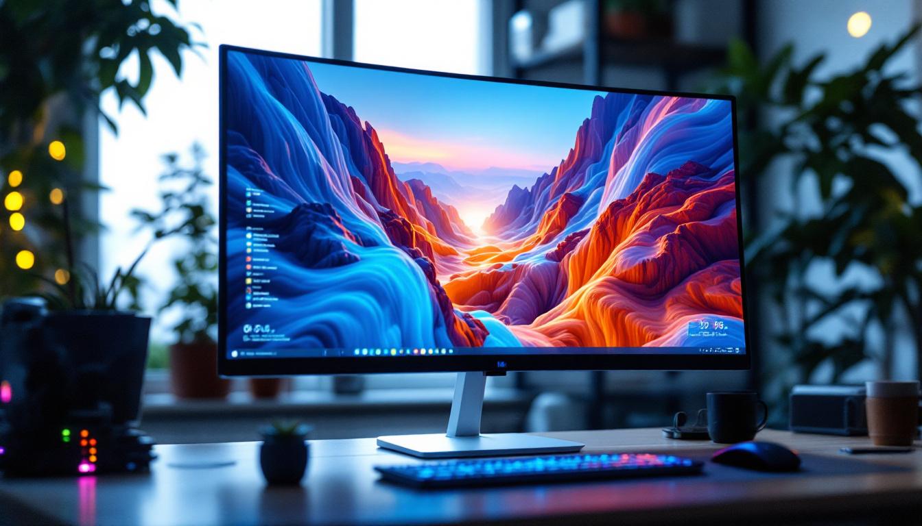 A photograph of a large format led computer monitor displaying vibrant