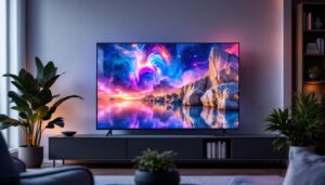 A photograph of capture a photograph of a sleek 75-inch touch screen led tv displaying vibrant visuals in a modern living room setting
