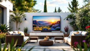 A photograph of capture a photograph of a sleek outdoor tv wall setup in a beautiful backyard setting