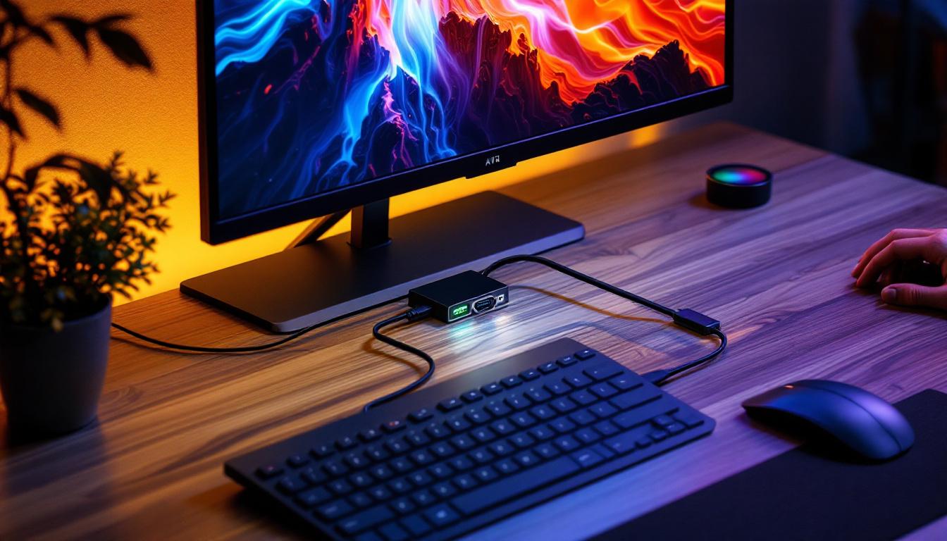 A photograph of a sleek setup featuring a displayport 1.4a to vga adapter connected to a modern led display