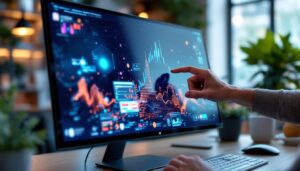 A photograph of capture a photograph of a sleek 32-inch led touchscreen monitor in a modern workspace setting