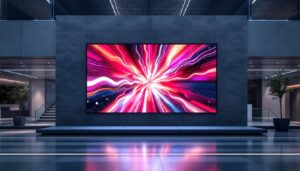 A photograph of a vibrant led display integrated into a modern architectural setting