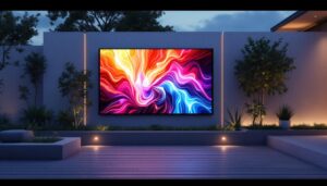 A photograph of capture a photograph of a stylish outdoor privacy wall integrated with a vibrant led display