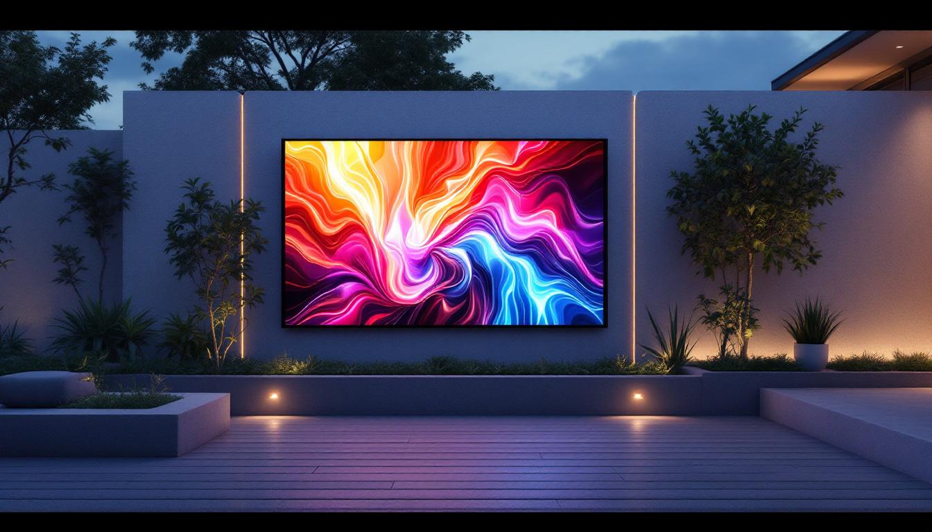 A photograph of capture a photograph of a stylish outdoor privacy wall integrated with a vibrant led display