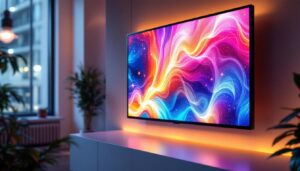 A photograph of a sleek flat led panel displaying vibrant colors and dynamic visuals in a modern setting