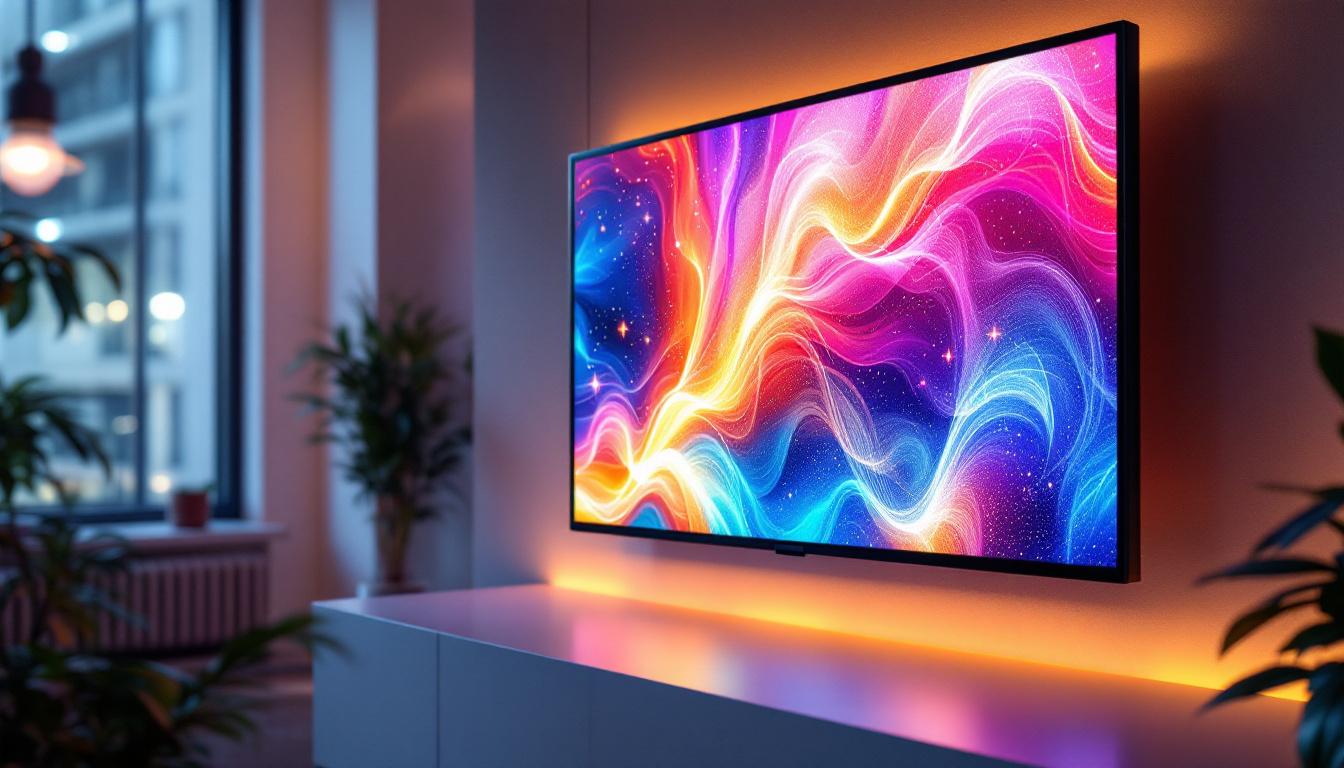 A photograph of a sleek flat led panel displaying vibrant colors and dynamic visuals in a modern setting