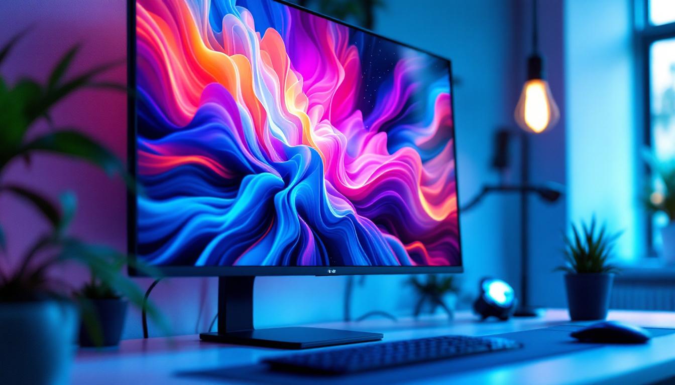 A photograph of a vibrant led monitor displaying a visually striking image or graphic