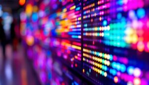 A photograph of a vibrant led display showcasing dynamic colors and patterns