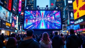A photograph of a vibrant led display in a dynamic urban setting