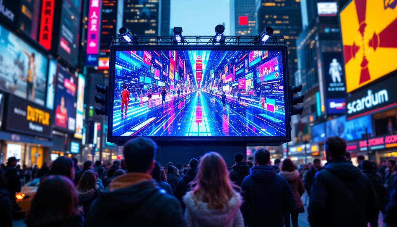 A photograph of a vibrant led display in a dynamic urban setting