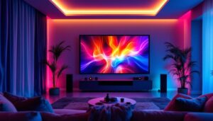 A photograph of a vibrant home theater setup featuring an hd projector screen displaying a colorful led image