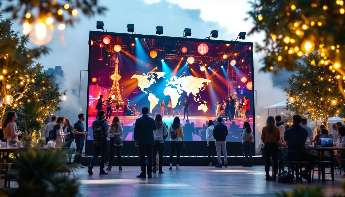 A photograph of a vibrant outdoor setting featuring a large led display screen in use