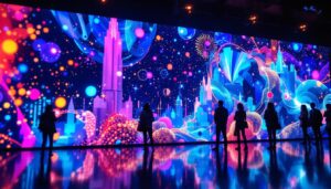 A photograph of a vibrant led display showcasing a dynamic visual presentation