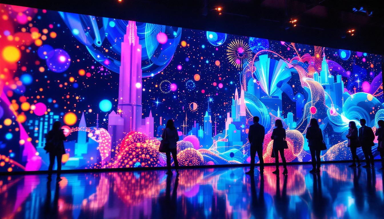 A photograph of a vibrant led display showcasing a dynamic visual presentation