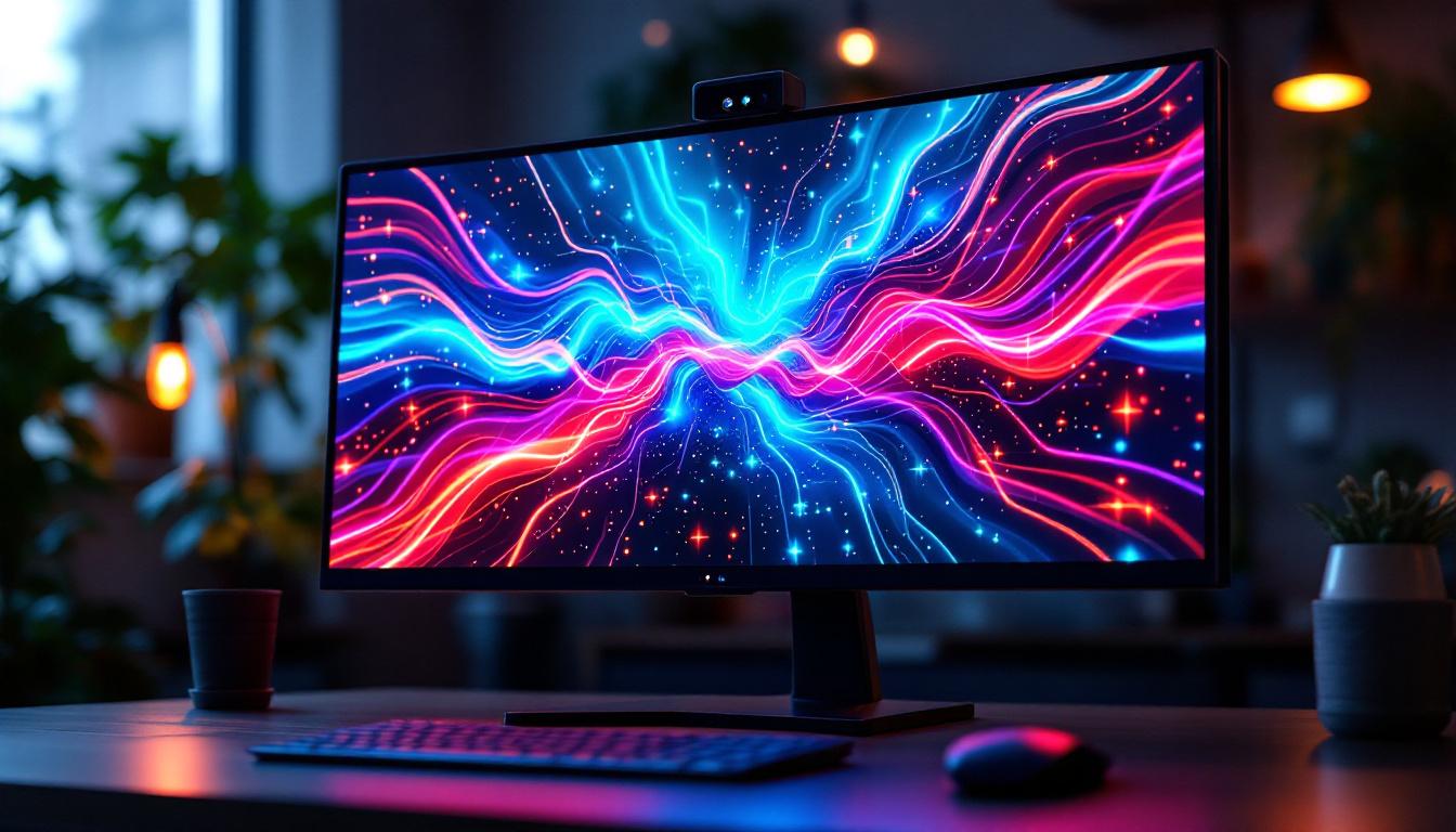 A photograph of a large computer monitor displaying vibrant led graphics