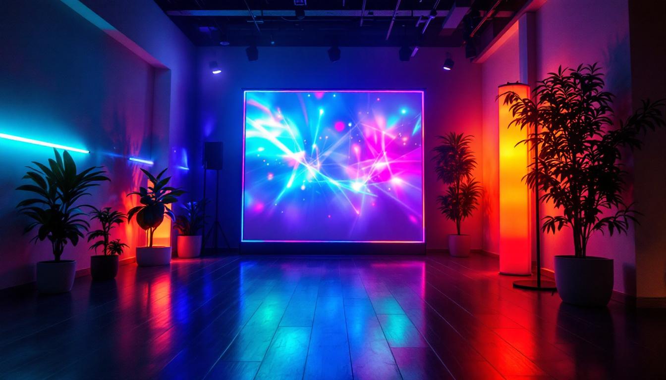 A photograph of a vibrant backdrop illuminated by colorful led lights