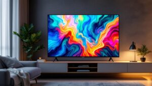 A photograph of a vibrant led tv displaying a colorful