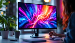 A photograph of capture a photograph of a sleek 27-inch touchscreen monitor displaying vibrant led graphics