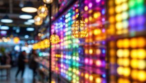 A photograph of a vibrant led display showcasing various lighting options in a beaverton lighting store