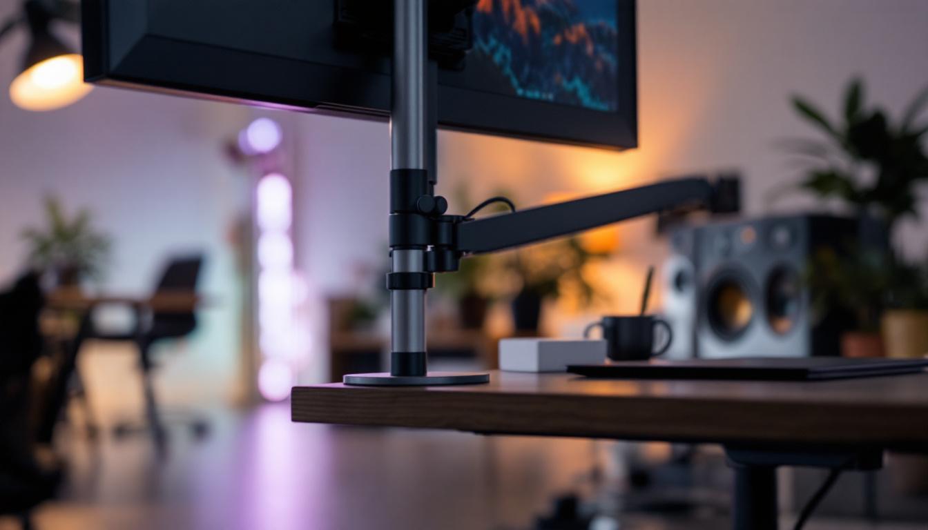A photograph of capture a photograph of a sleek monitor stand with a clamp securely attached to the edge of a desk