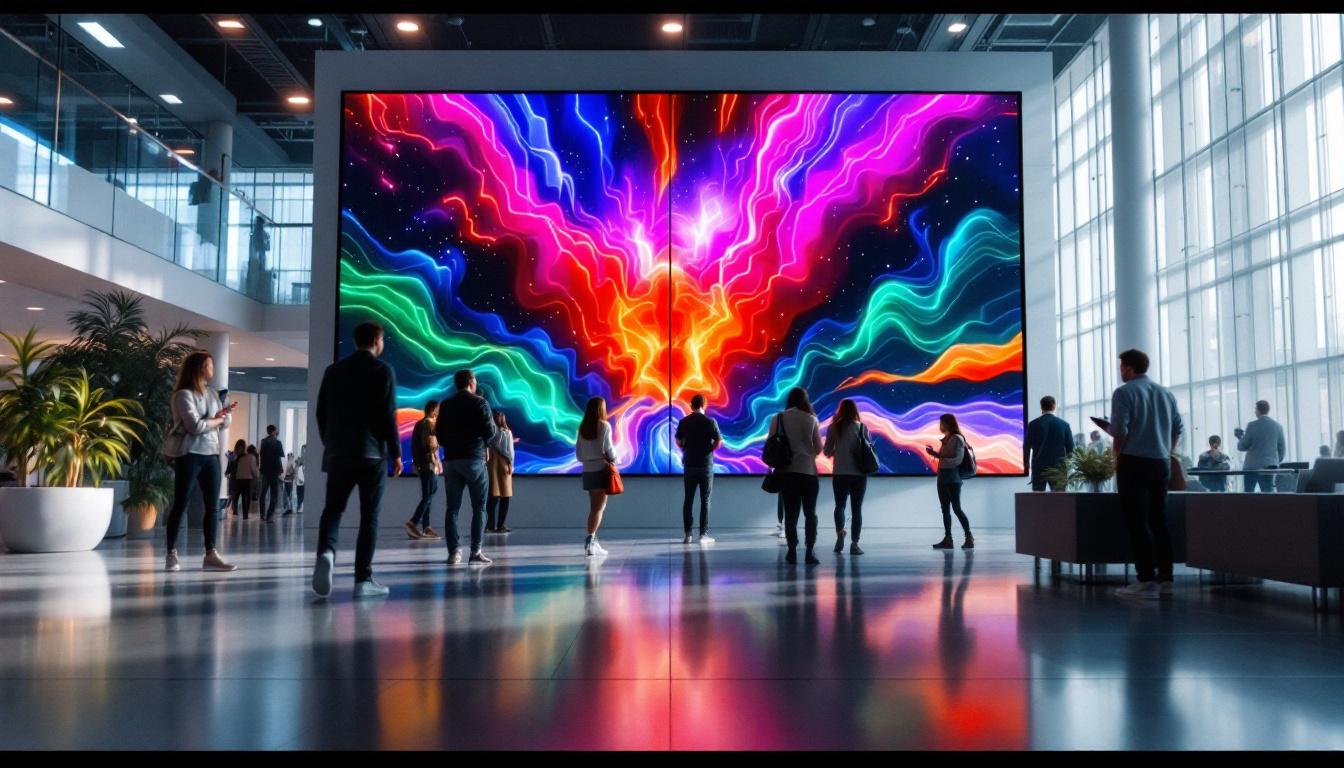 A photograph of a vibrant extra-large led display in a dynamic setting