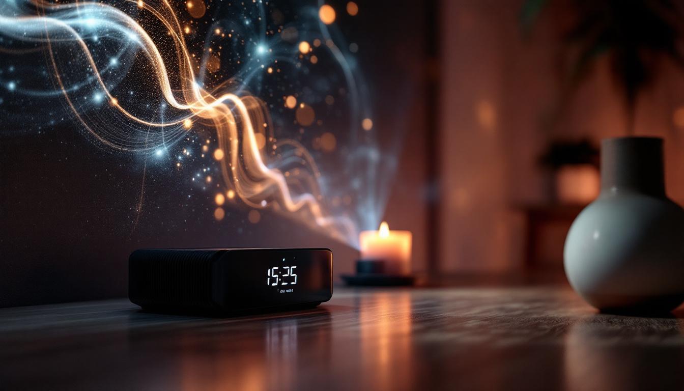 A photograph of capture a photograph of a sleek projector clock displaying the time and ambient light patterns on a textured wall