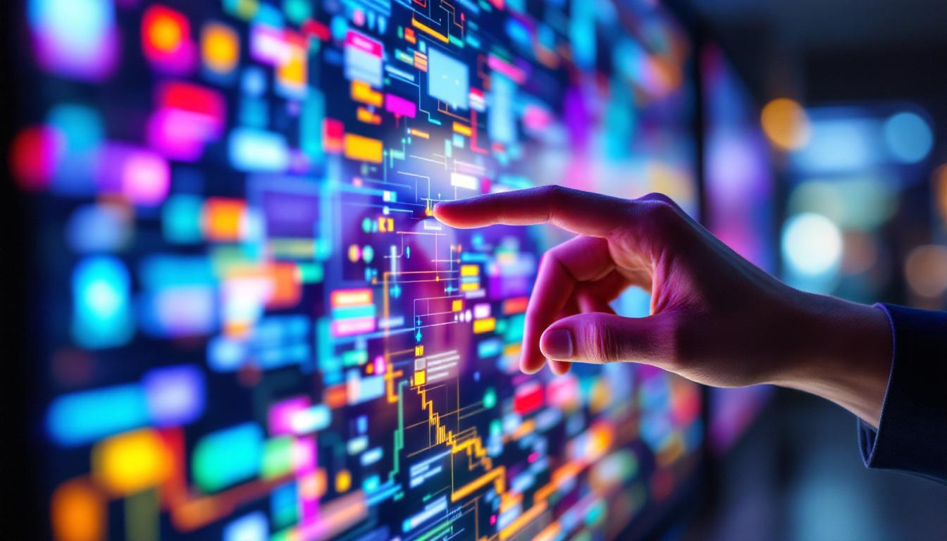 A photograph of a close-up shot of a vibrant touchscreen led display in action