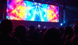 A photograph of a vibrant led display in action at a live event