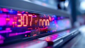 A photograph of a close-up of an led display showcasing a measurement conversion from 307 mm to inches