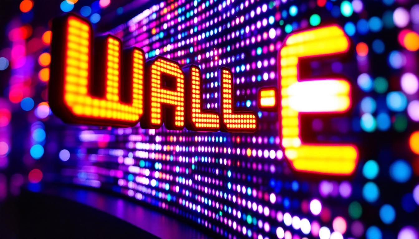 A photograph of a vibrant led display featuring the wall-e logo