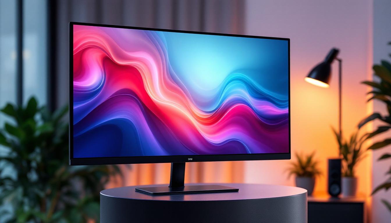 A photograph of a sleek computer monitor on an elegant pedestal