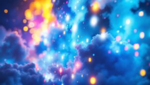 A photograph of a vibrant led display showcasing dynamic cloud-themed visuals
